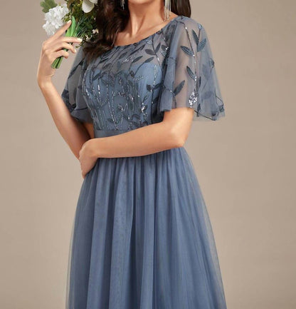 Sequin Bodice Empire Waist Maxi Prom Dress With Sleeves