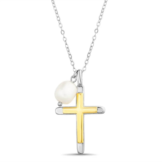 Allyanna Gifts - Women's Two Tone Cross With Pearl Necklace - Rack Hunt