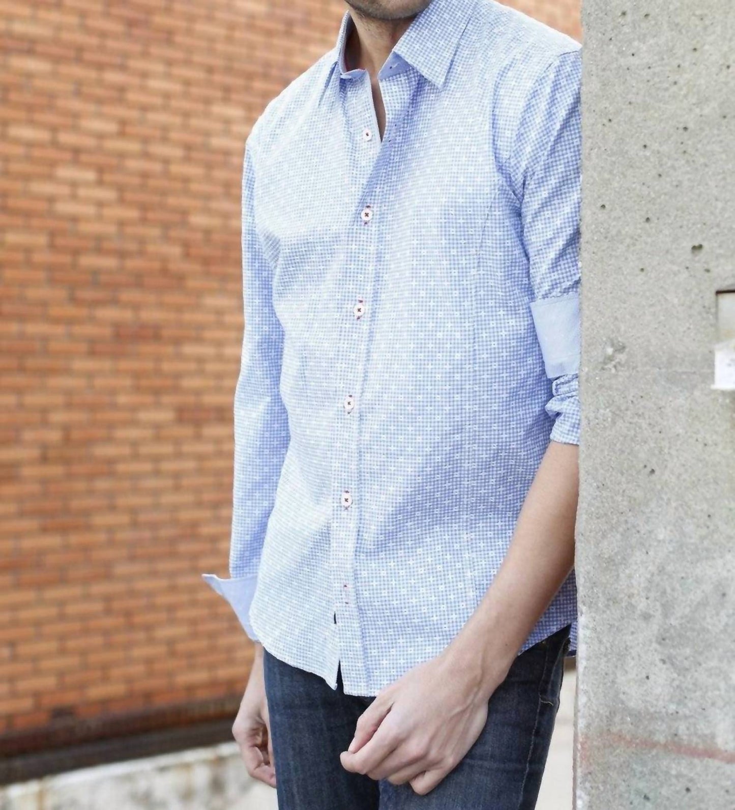 Jacquard Button Down Shirt With Small Checkered Trim