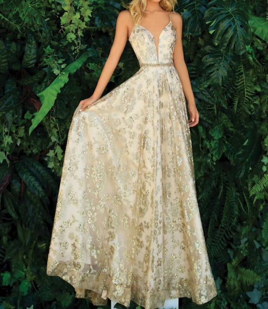 V-neck Aline Glitter Sequins Print Prom Dress