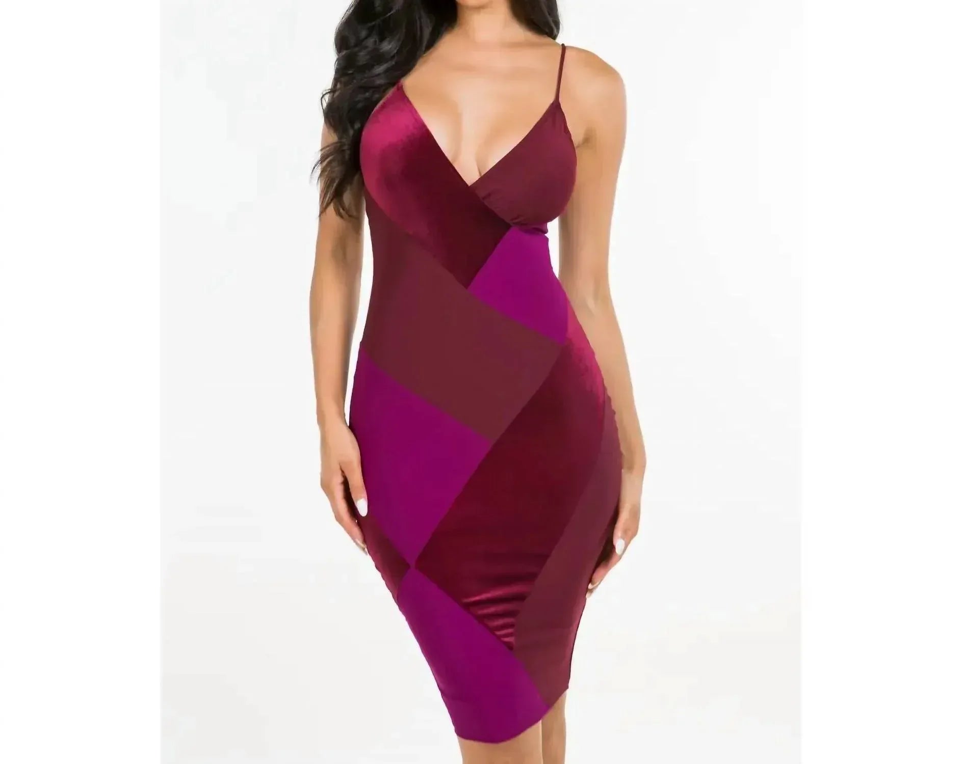 Let's go Uptown - Zendaya Color Block Velvet Contrast Elegant Midi Dress - Rack Hunt