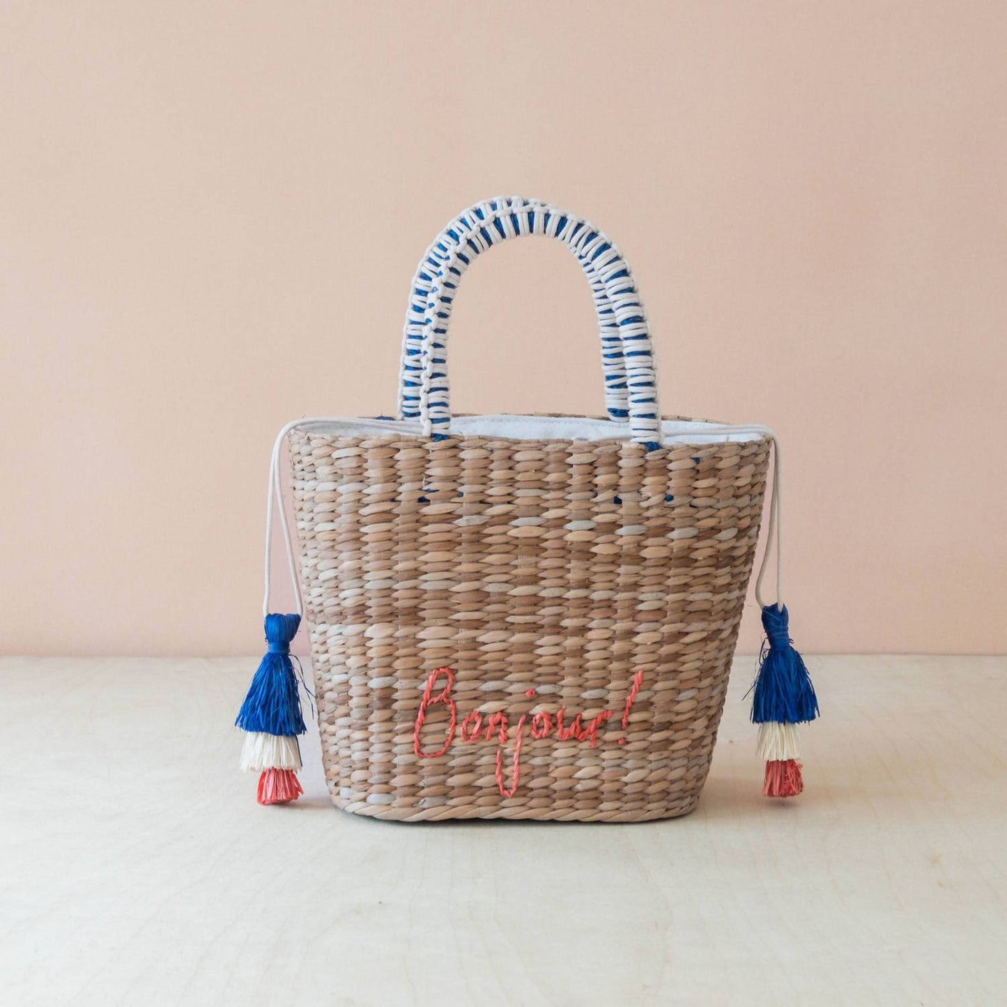 Women's Mini Woven Beach Tote Bag With Embroidered Bonjour