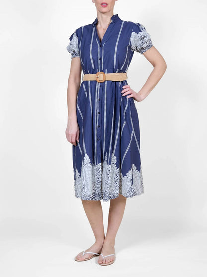 Novelty Border Print Button Front Belted Dress