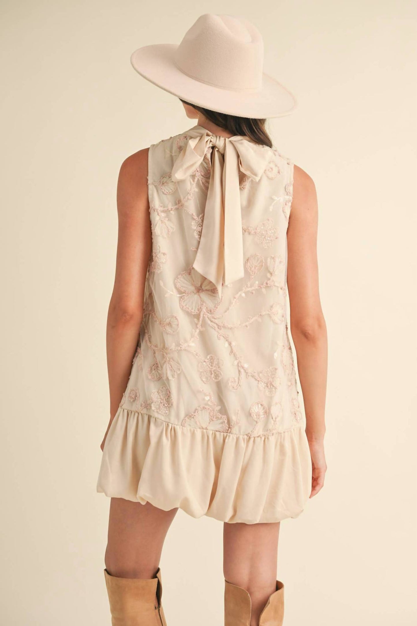 Bubble Hem Embellished Mixed Media Mini Dress