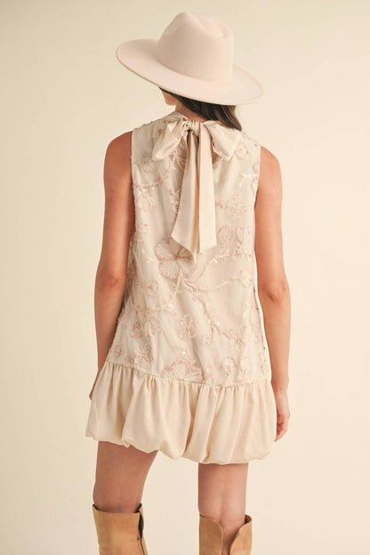 Bubble Hem Embellished Mixed Media Mini Dress
