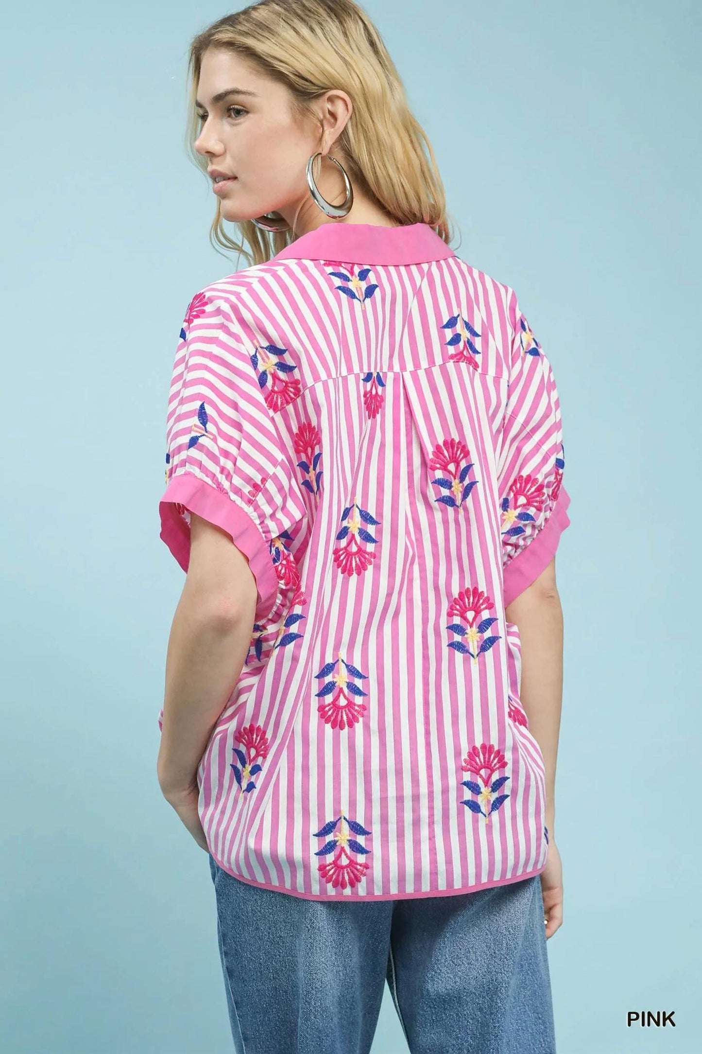 Stripe Embroidered Button-front Boho Top