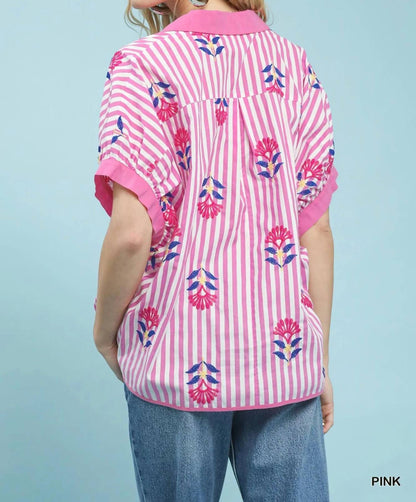 Stripe Embroidered Button-front Boho Top
