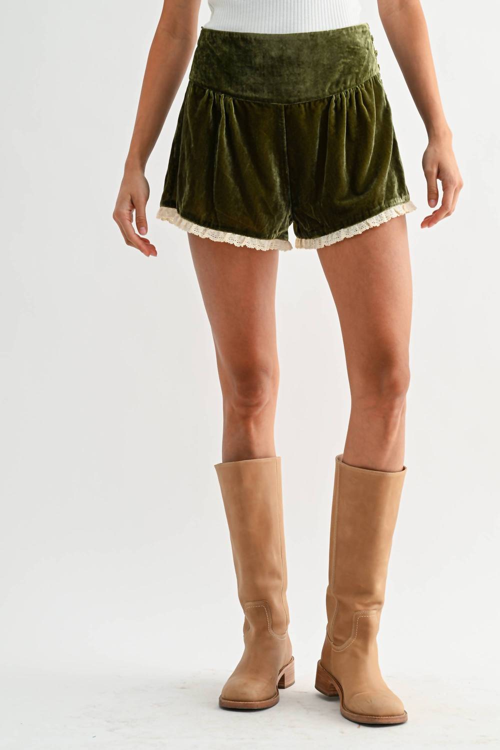 Velvet High-waisted Lace-trimmed Shorts