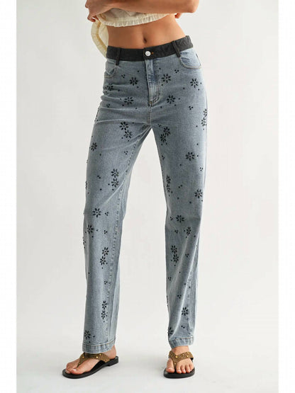 Floral Embellished Straight-Leg Jeans