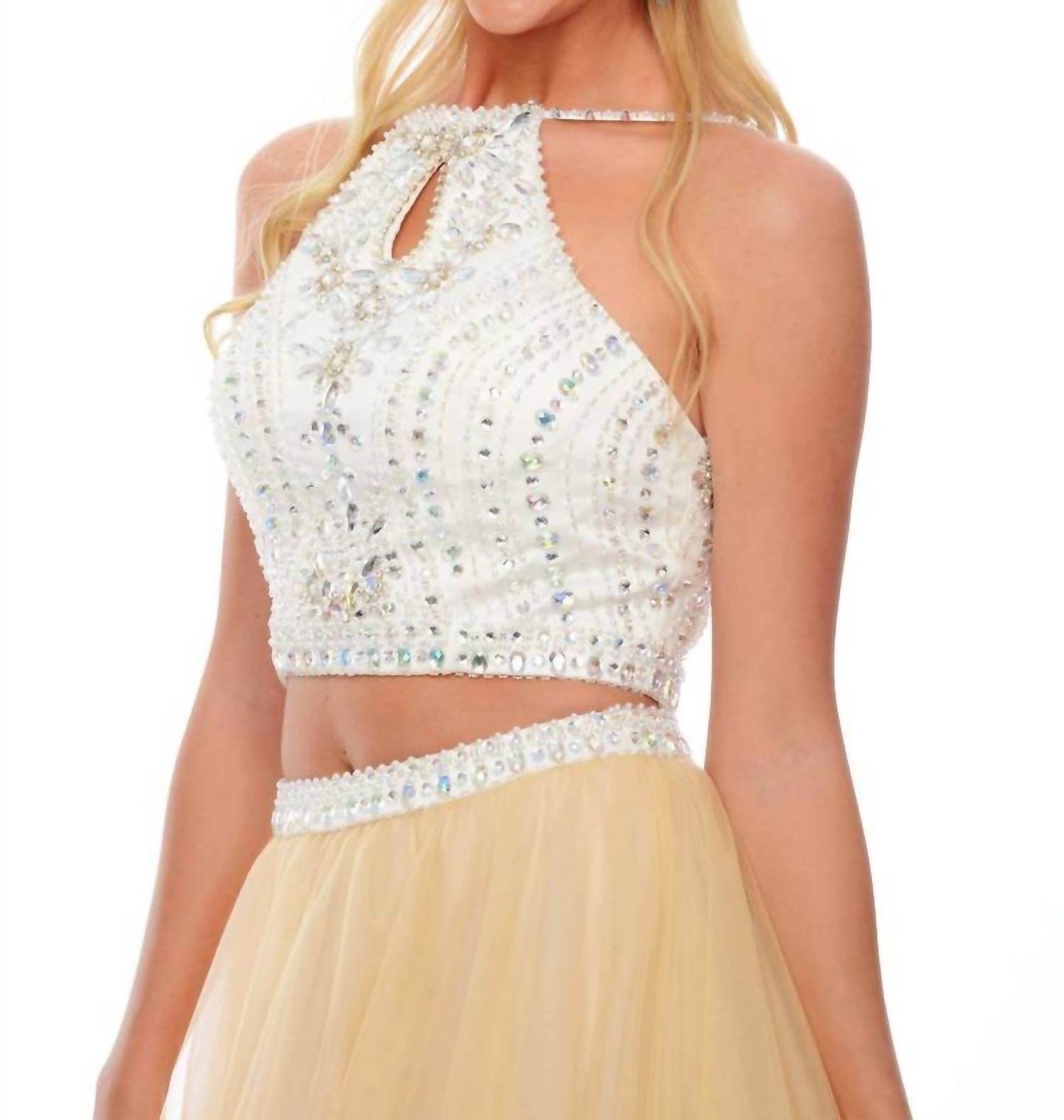 Precious Formals - Two Piece Beaded Halter Evening Gown - Rack Hunt