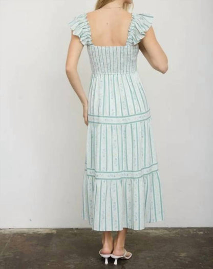 Stripe Floral Pattern Smocked Tiered Midi Dress