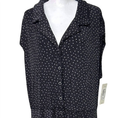 Women's Sleeveless Front Button Square Dot Pattern Midi Dress