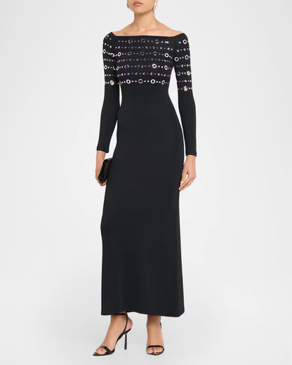 Grommet Off-the-shoulder Long-sleeve Maxi Dress