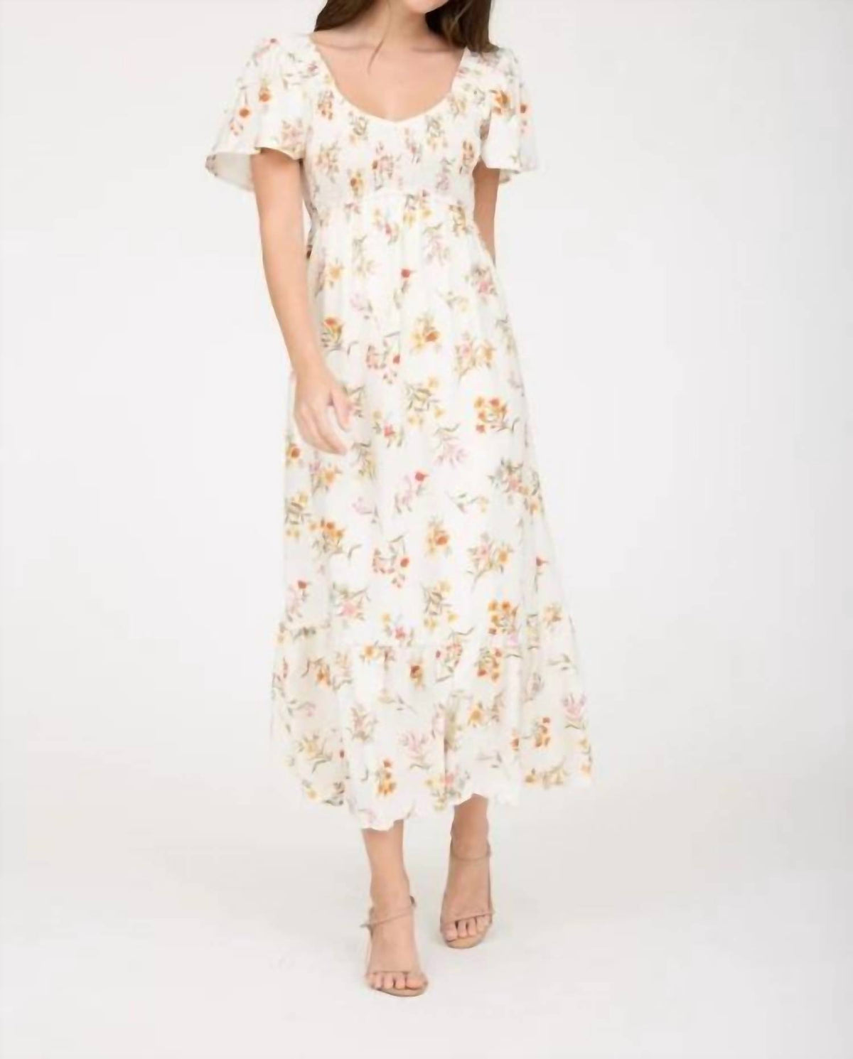 Floral Bell Sleeve Smocked Bust Midi Dress
