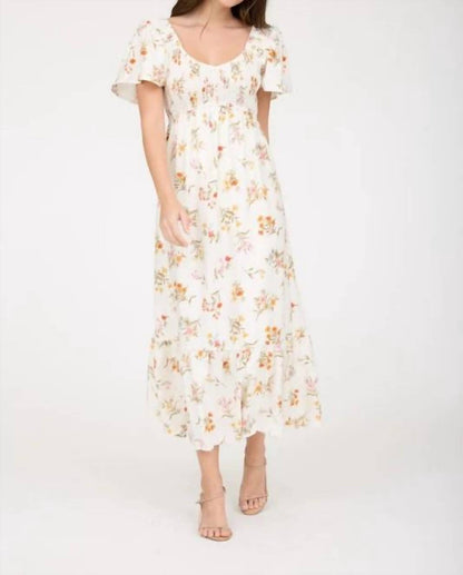 Floral Bell Sleeve Smocked Bust Midi Dress