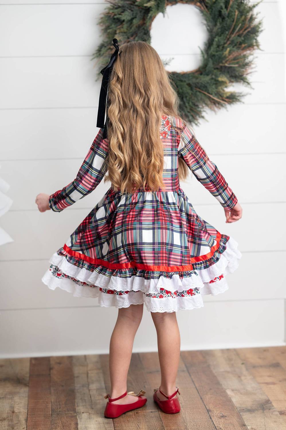 Girl's Holiday Christmas Plaid Lace Ruffle Bow Back Dress