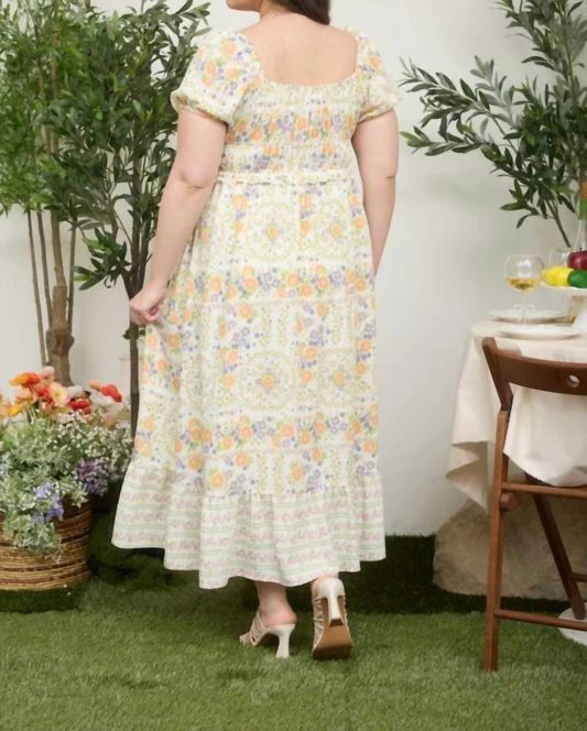 Floral Sweetheart Front Tie Puff Sleeve Midi Dress - Plus