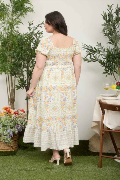 Floral Sweetheart Front Tie Puff Sleeve Midi Dress - Plus
