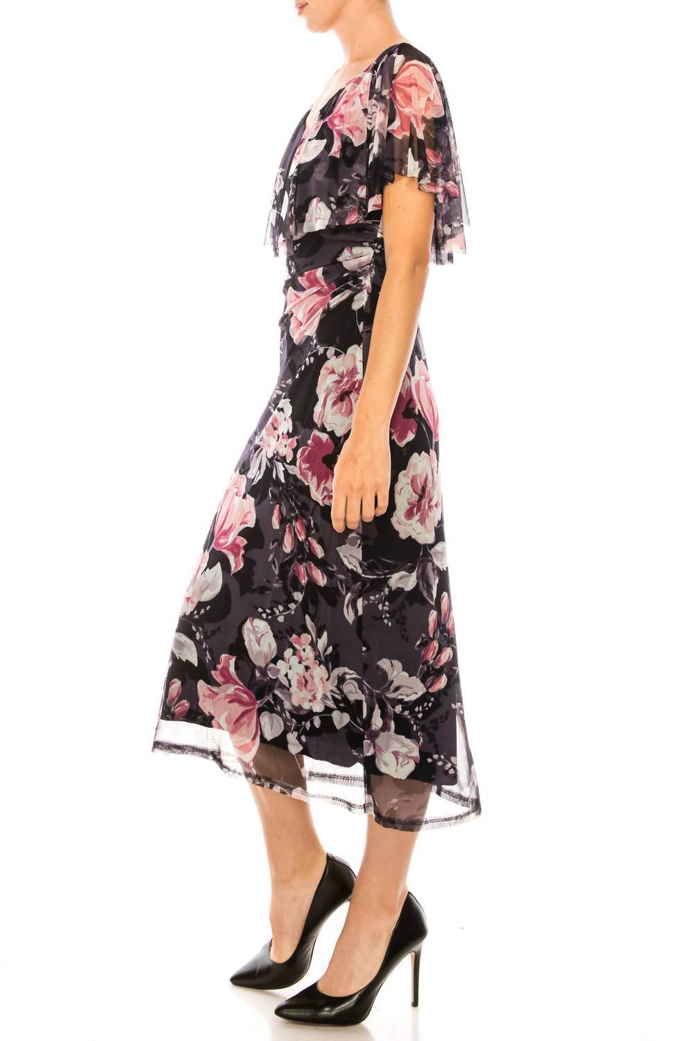 Connected Apparel - Floral Print Cape Midi Dress - Rack Hunt