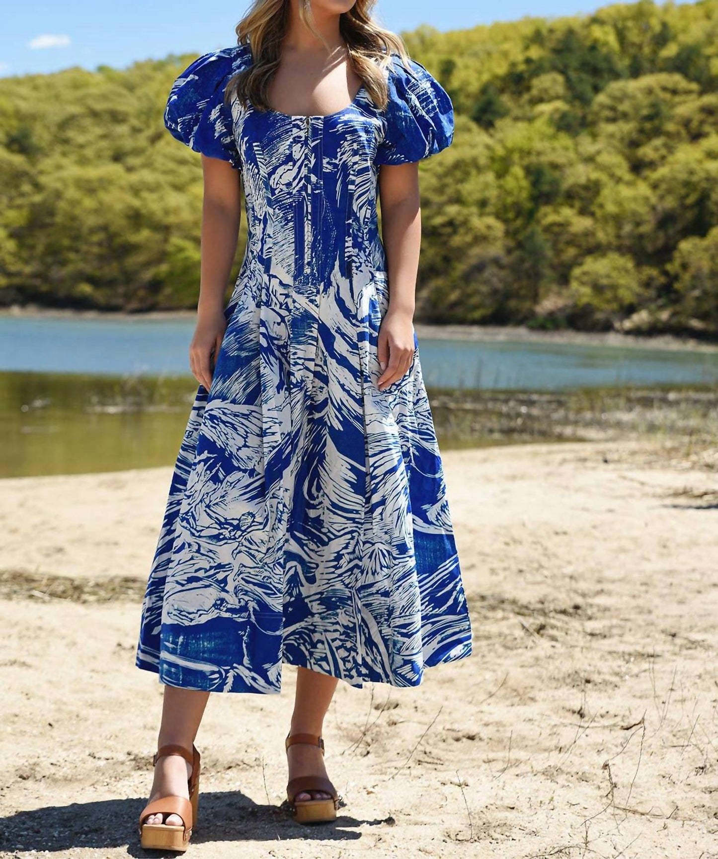 Printmaking Scoop Neck Cotton Midi Dress