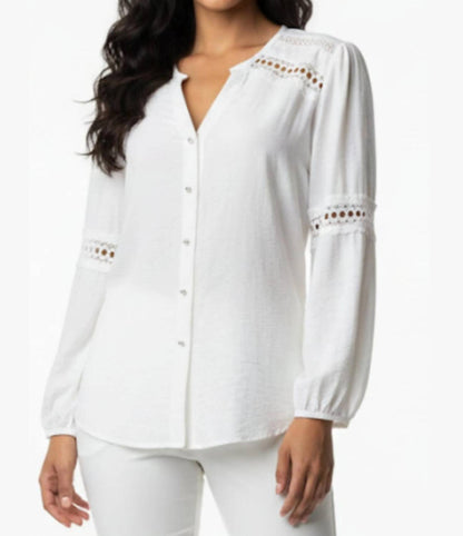 Lace-trim Split Neck Button-down Blouse