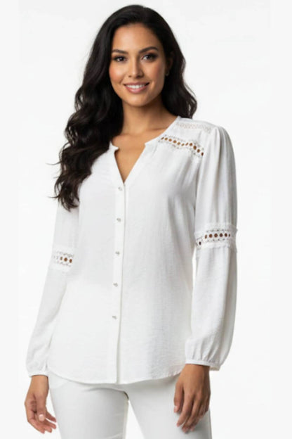 Lace-trim Split Neck Button-down Blouse