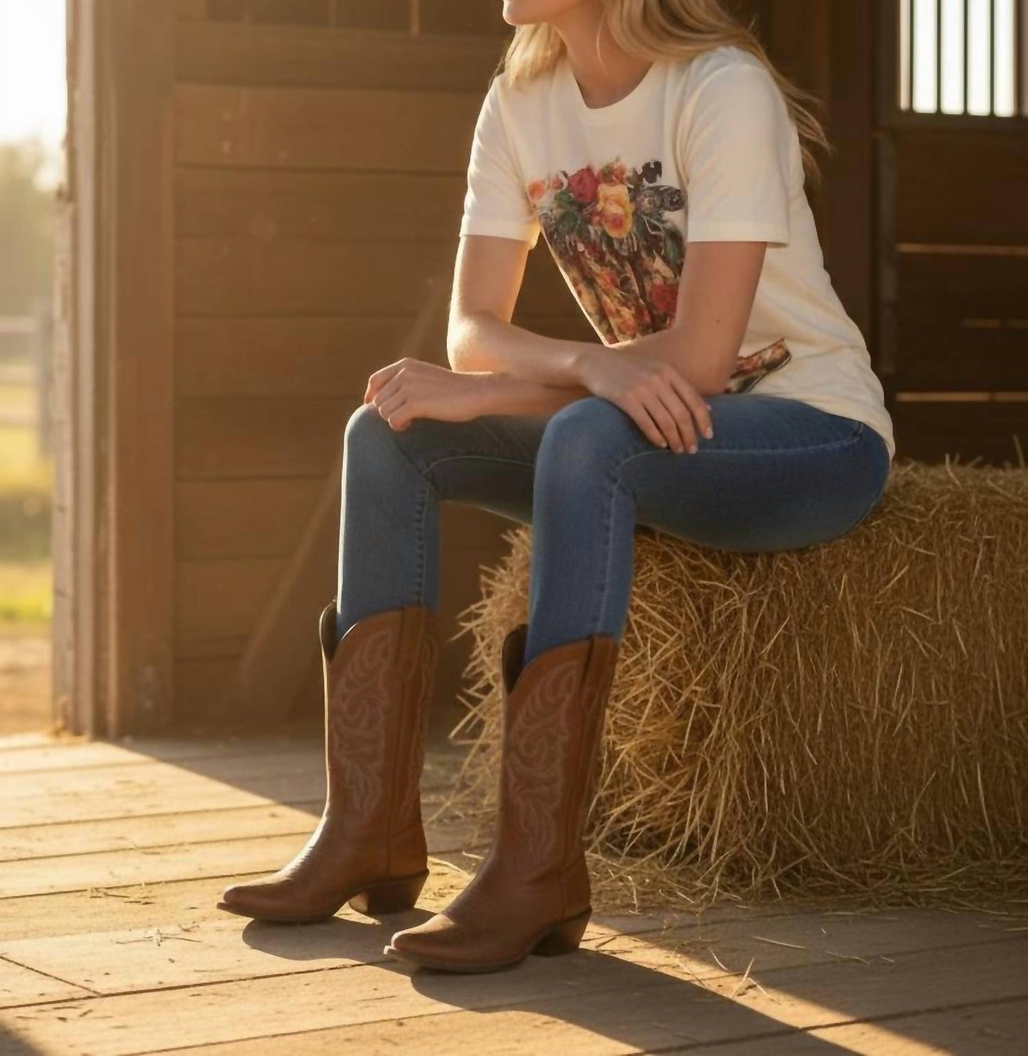 Floral Boots With Rhinestone Crew Tee
