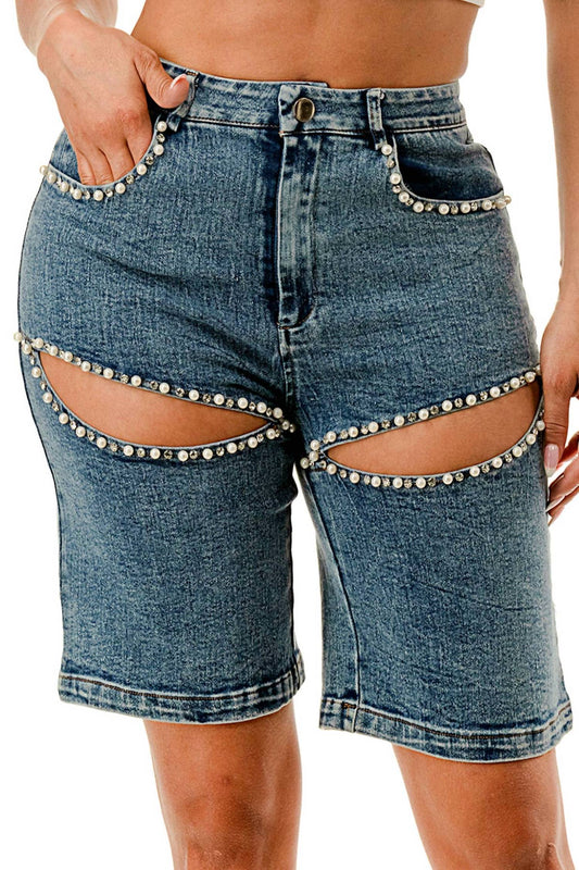 Embellished Pearl Denim Shorts