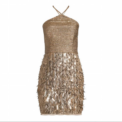 Women's Sequin Beaded High-neck Mini Dress