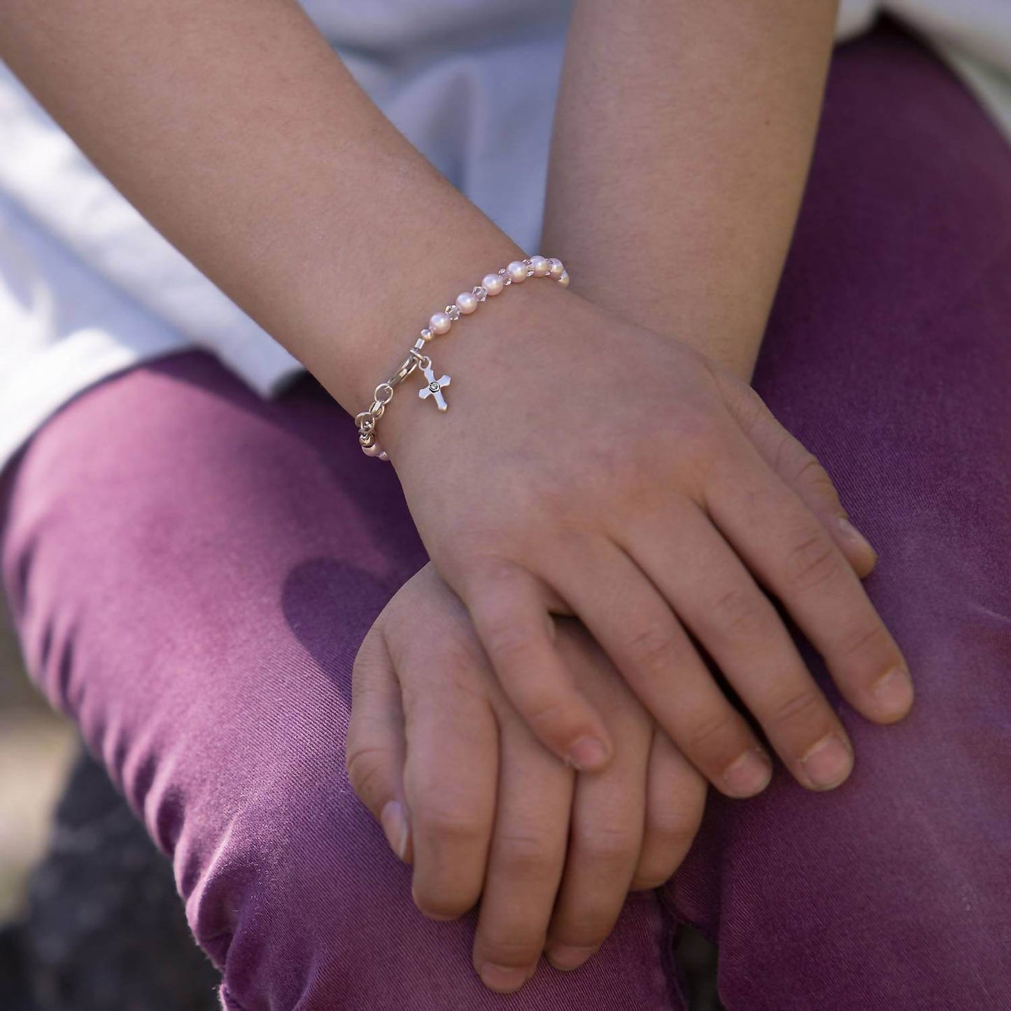 Cherished Moments - Babies And Toddlers Bella Sterling Silver Pearl And Cross Bracelet - Rack Hunt -