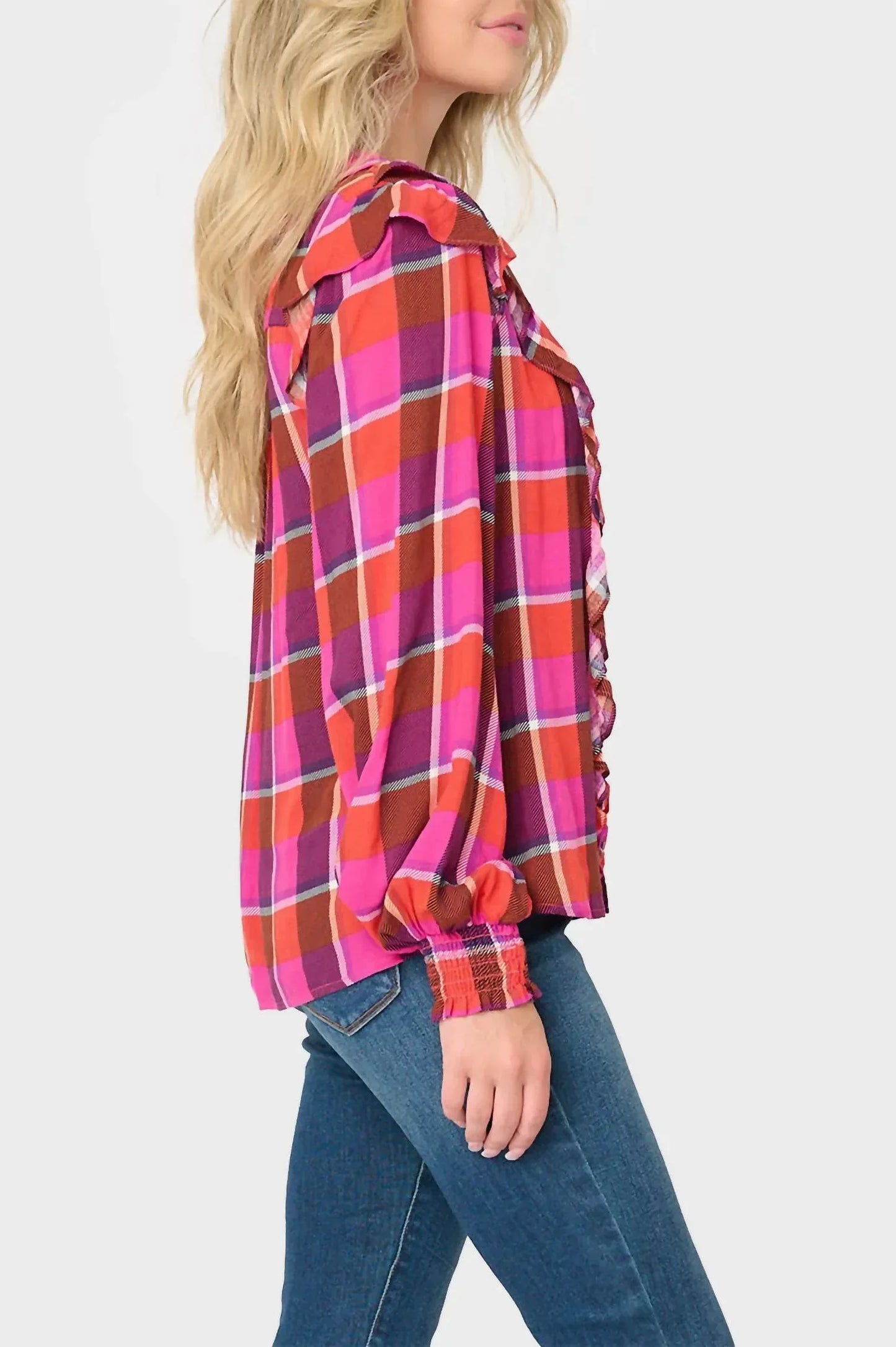 Gibsonlook - Plaid Ruffle Detail Long Sleeve Shirt - Rack Hunt