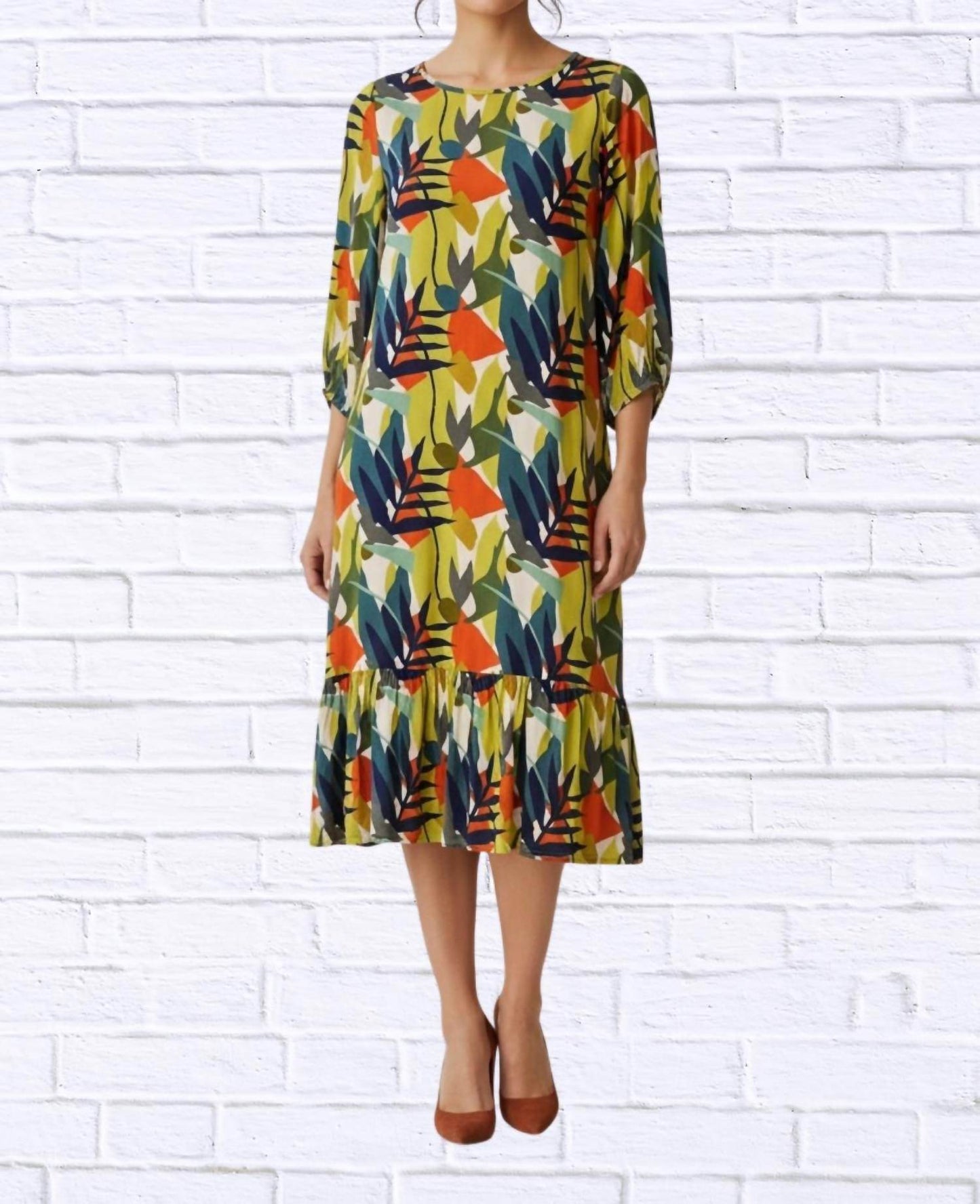 Calypso - Abstract Leaf Print Woven Midi Dress - Rack Hunt -