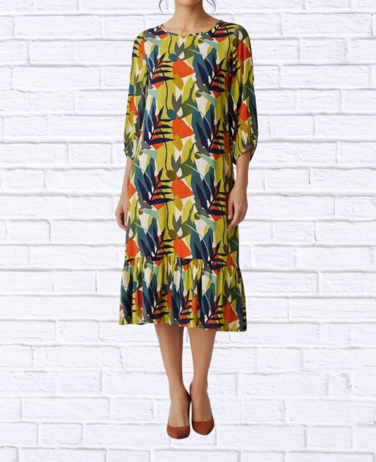 Calypso - Abstract Leaf Print Woven Midi Dress - Rack Hunt -