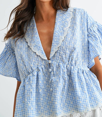 Sky Button Front Short Sleeve Top
