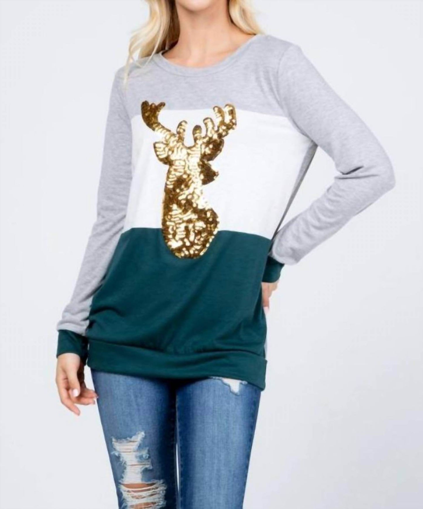 Acting Pro - Plus Christmas Reindeer Sequin Long Sleeve Top - Rack Hunt