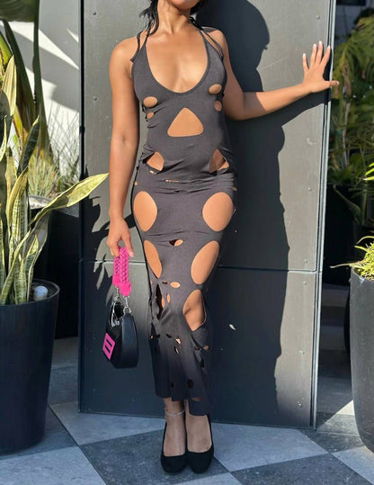 Don't Watch The Clock - Cut Out Halter Back Cut Out Maxi Dress