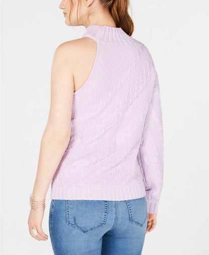 Asymmetric Cable One Shoulder Turtle Neck Sweater