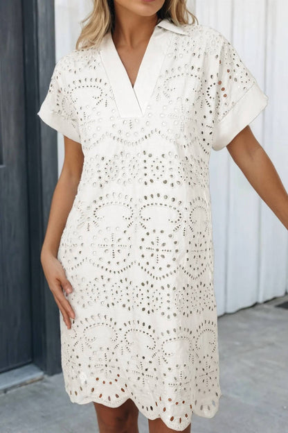 Solid Color Eyelet Embroidered T Shirt Mini Dress