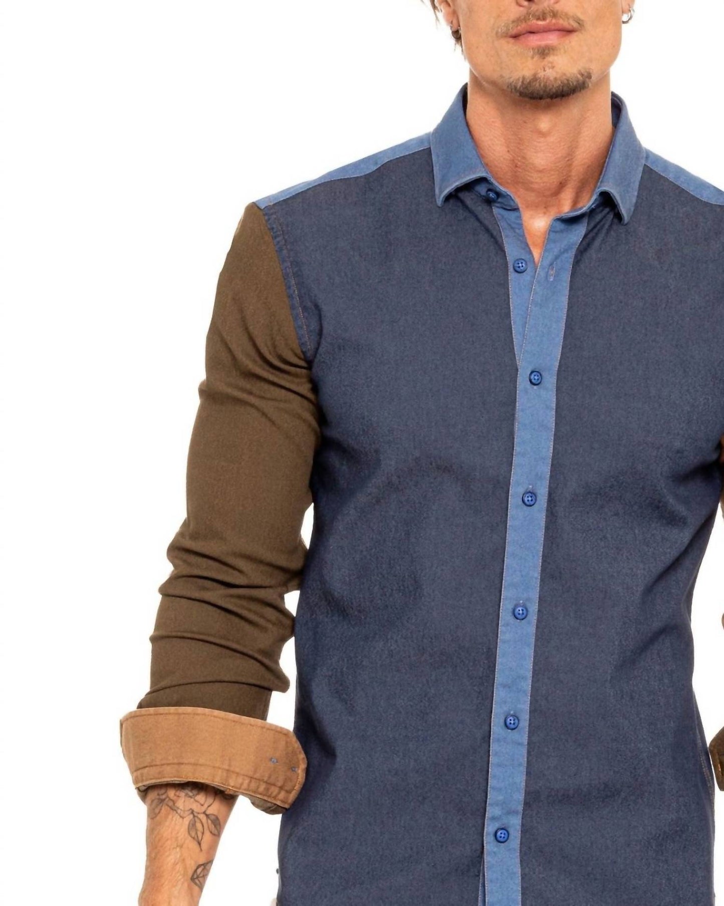 Denim Sections Stretch Button Down Shirt