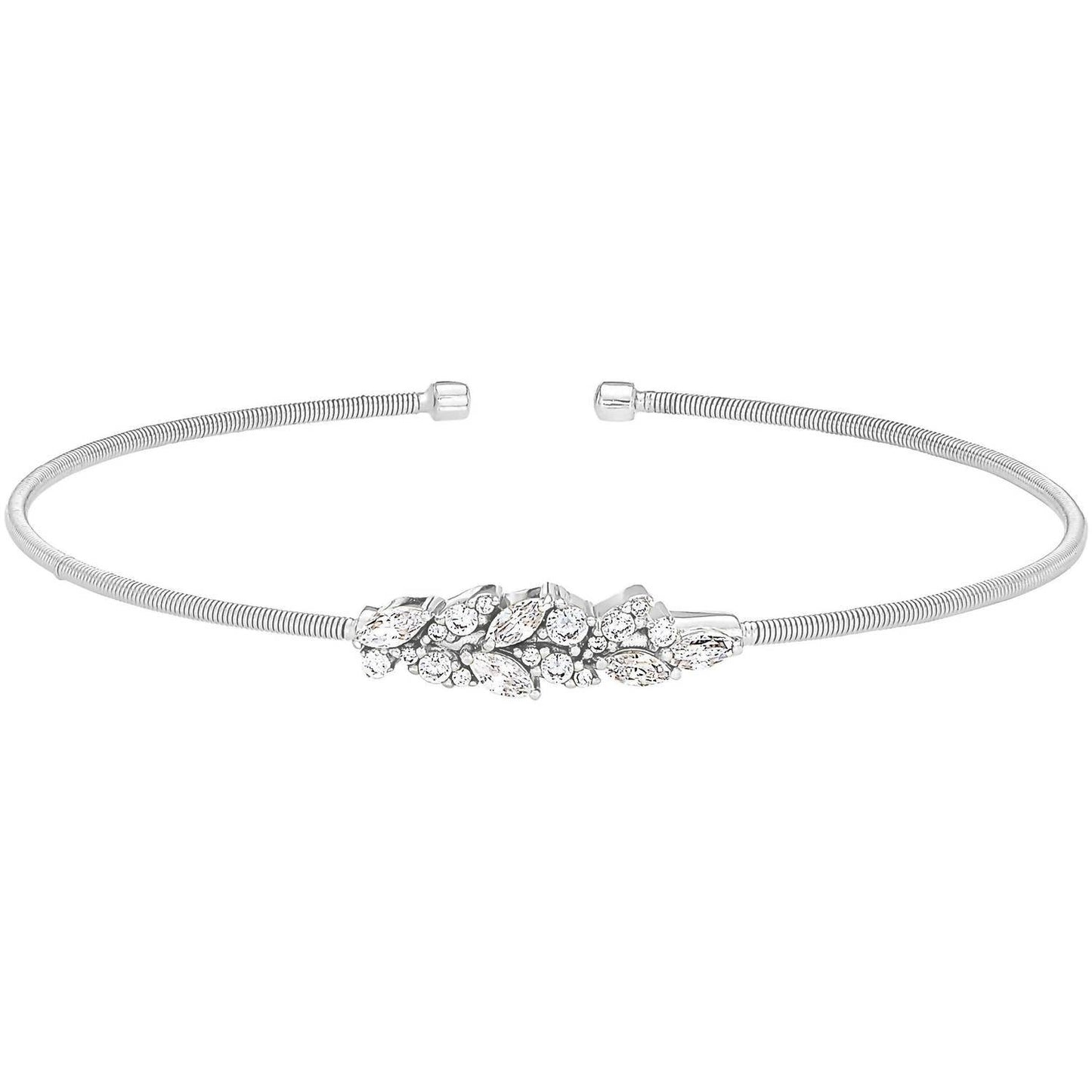 Bella Cavo - Rhodium Cable Cuff Bracelet with Simulated Diamond Leaf Pattern - Rack Hunt -