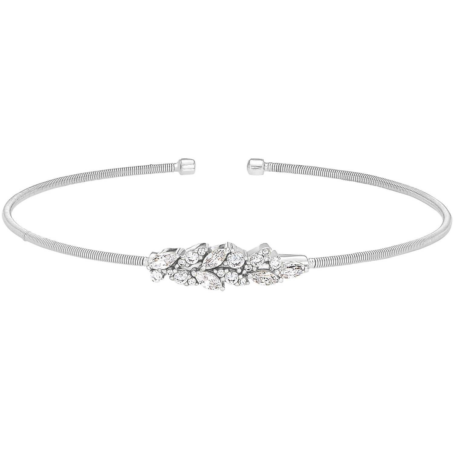 Bella Cavo - Rhodium Cable Cuff Bracelet with Simulated Diamond Leaf Pattern - Rack Hunt -