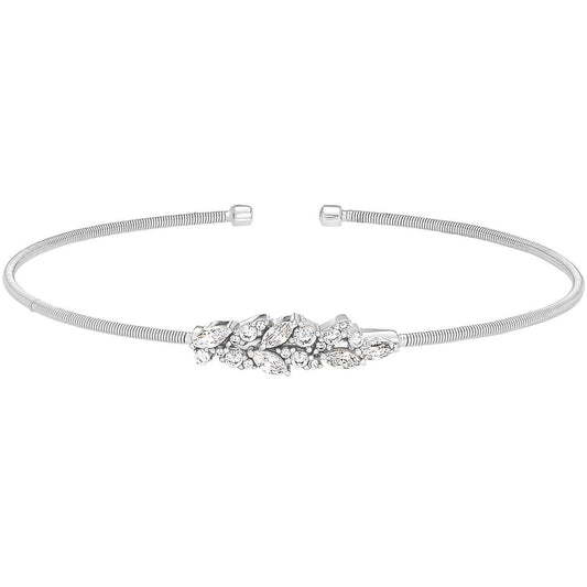 Bella Cavo - Rhodium Cable Cuff Bracelet with Simulated Diamond Leaf Pattern - Rack Hunt -