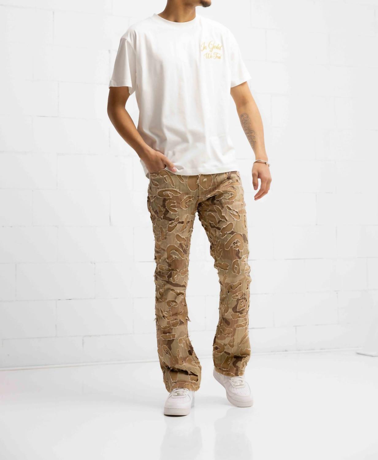 Franco Camo Shredded Denim Flare Jeans