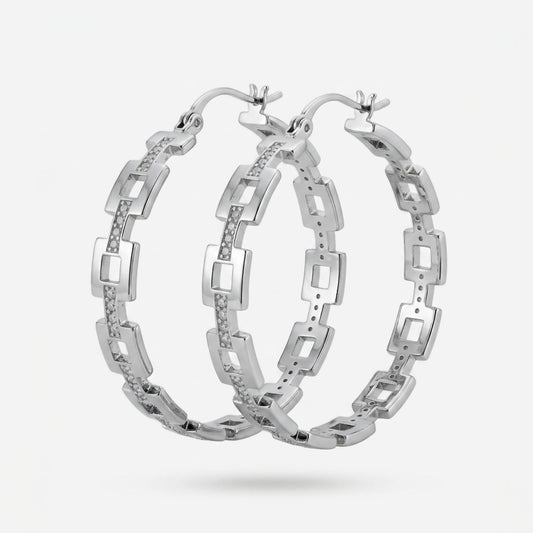 Square Link Pave Hoop Earrings