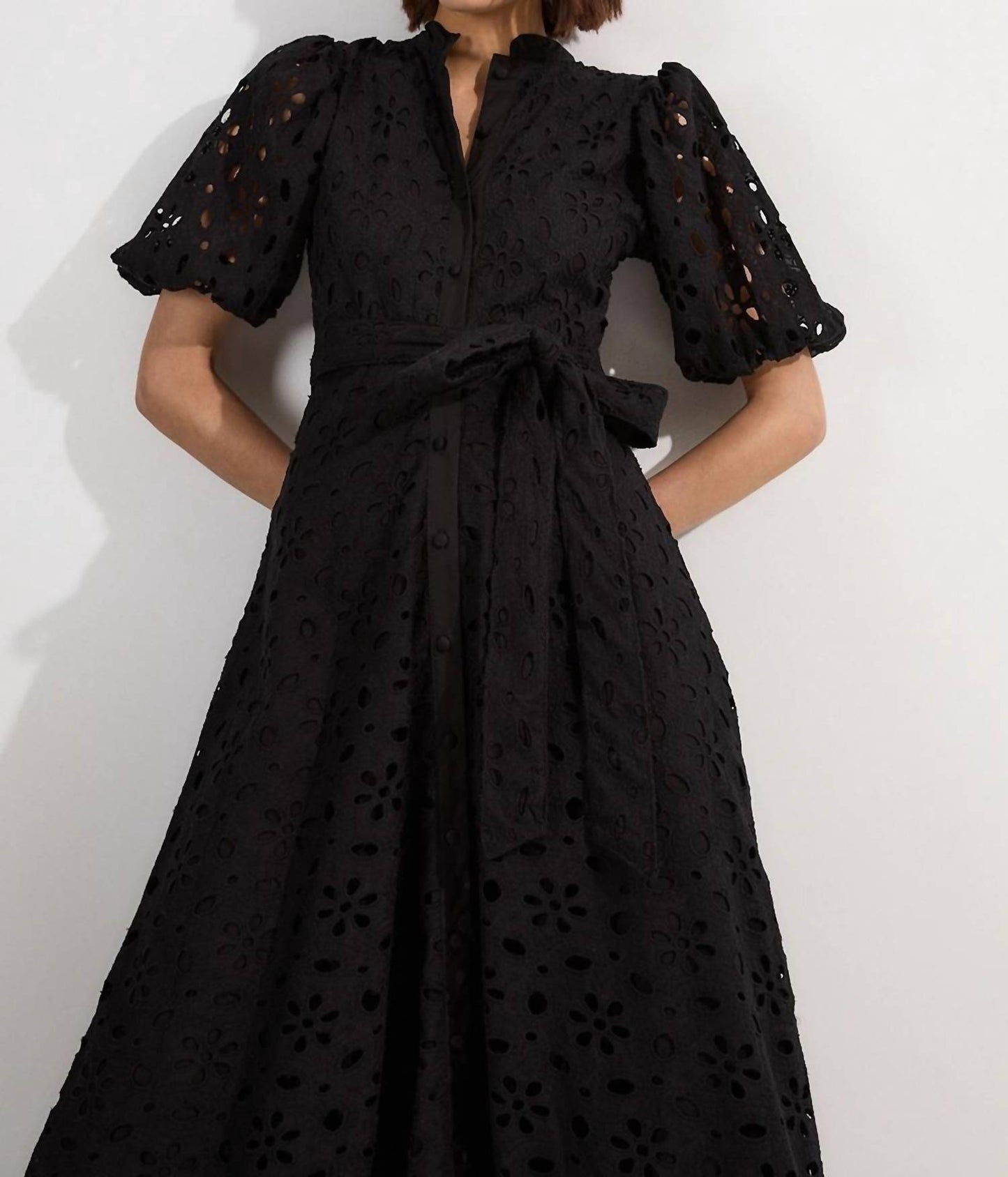Cotton Broderie Belted Short Sleeve Woven Midi Dress
