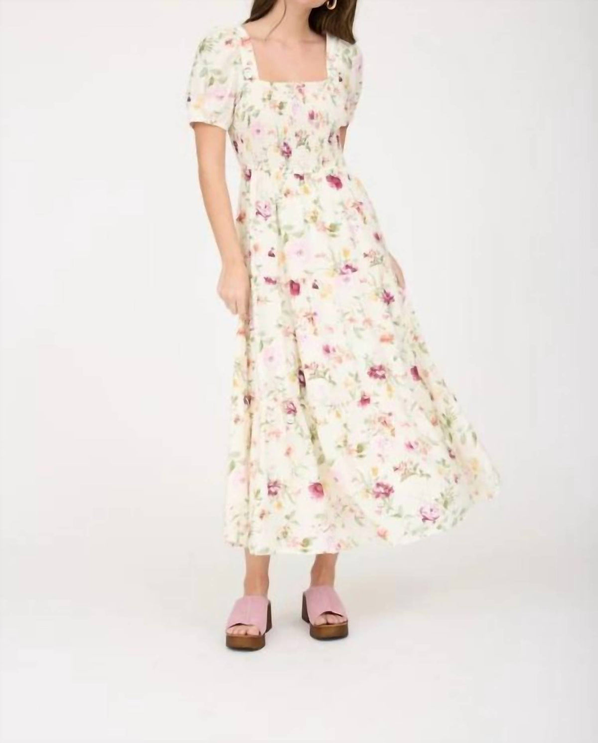 Floral Smocked Puff Sleeve A-line Midi Dress
