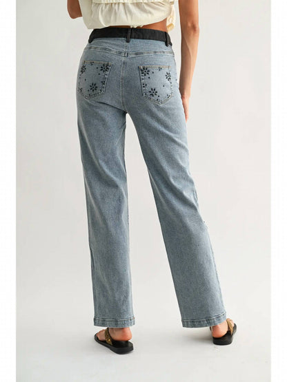 Floral Embellished Straight-Leg Jeans