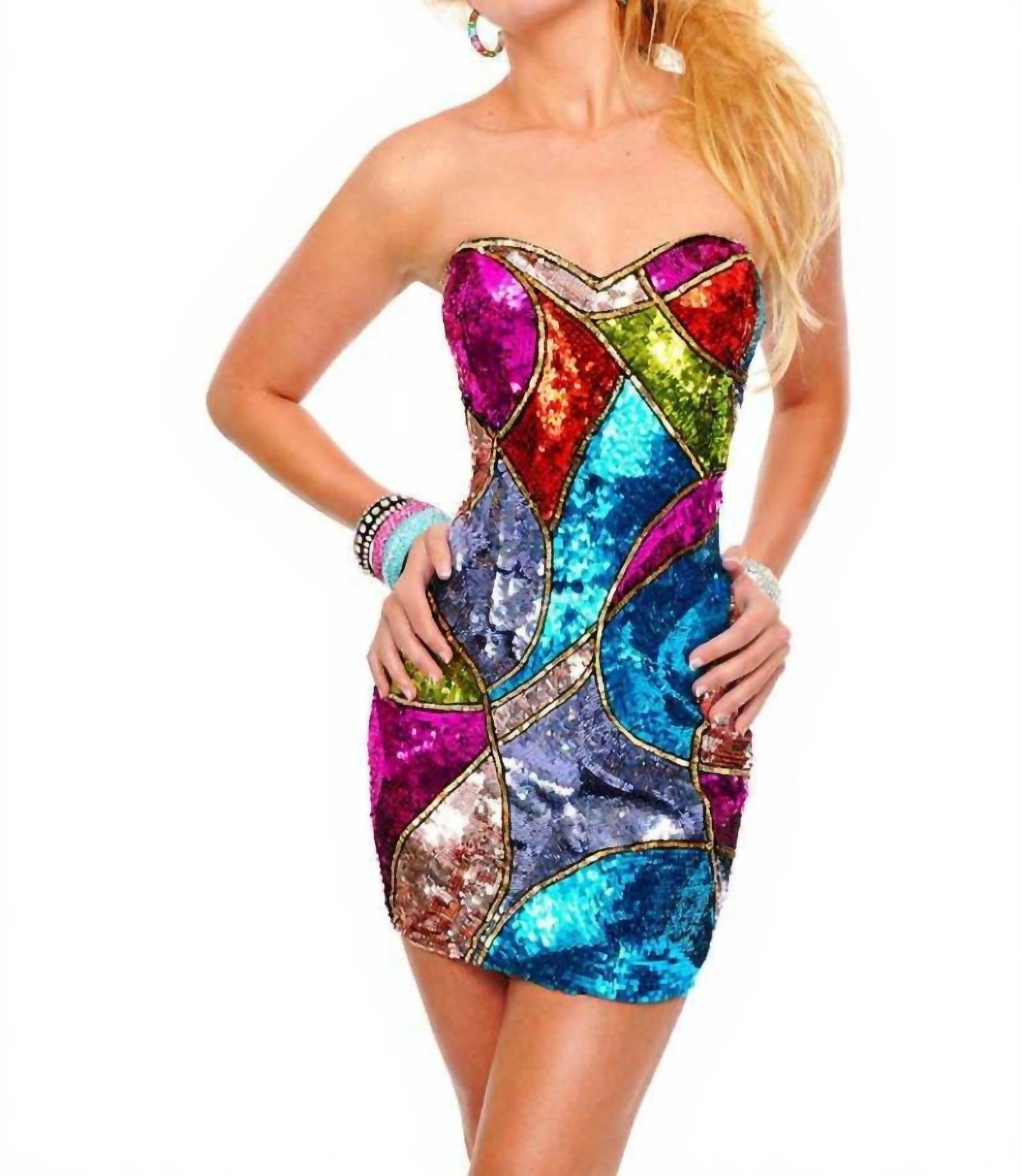 Precious Formals - Sequined Illusion Strapless Short Party Dress - Rack Hunt -