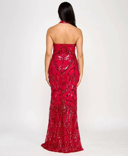 Juniors' Sequined Halter-neck Evening Gown