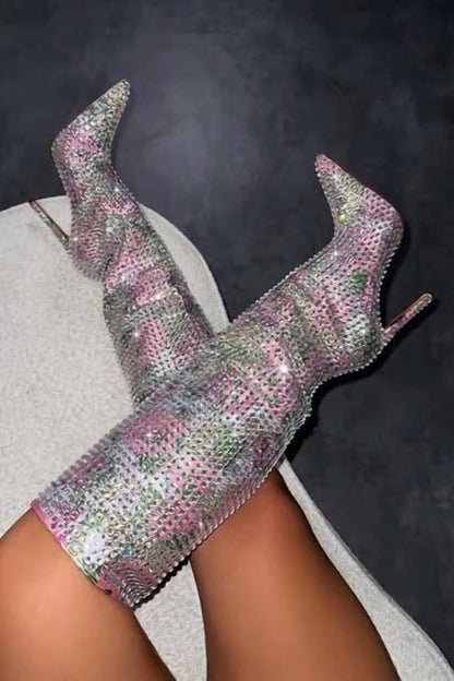 Women's Pattern Diamante Knee High Boots
